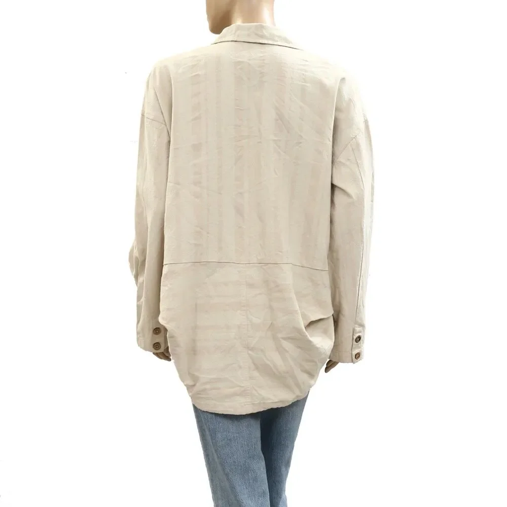 Free People Striped Buttondown Shirt Tunic Top Shacket Oversized Beige M 284155